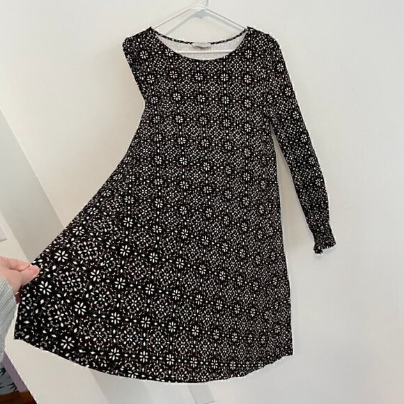 ANN TAYLOR LOFT Outlet Black White Brown Geo Geometric Long Sleeve Shift Dress M - Picture 7 of 11